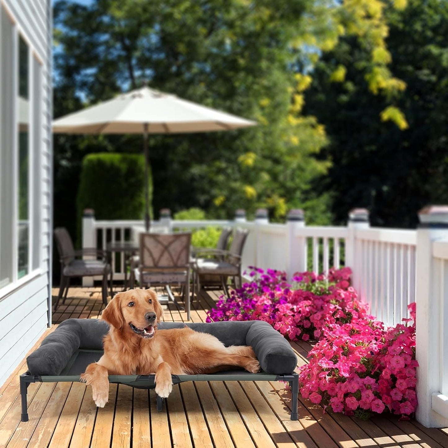 Elevated Large Dog Bed : Raised Pet Mesh Cooling Cot with Breathable Soft Mat - Doggie Outdoor Camping Hammock Portable with Removable Bolster for Outside Pool Side and Garden