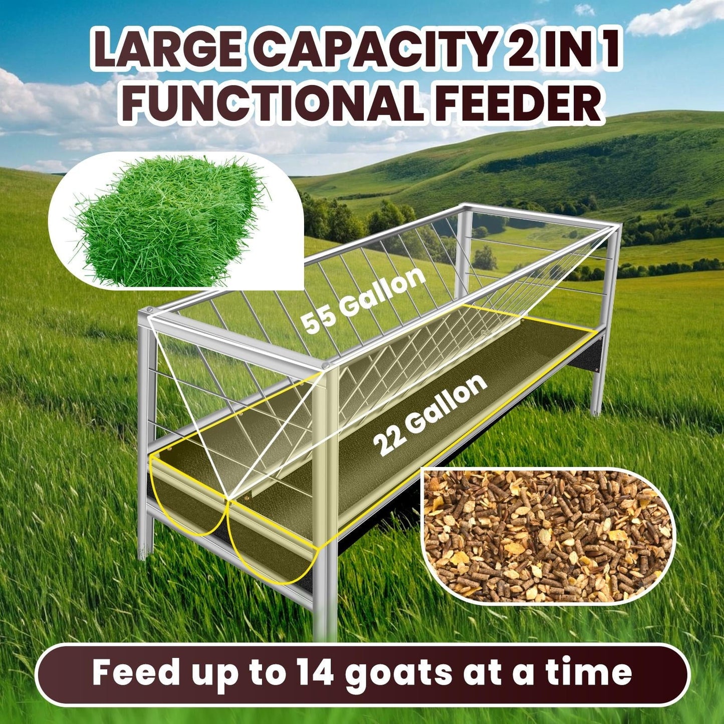 2 in 1 Goat Hay Feeder - 77 Gallon Stainless Steel with Rubber Grooves Livestock Feeder for Goats, Sheep & Horses - Durable Farm Animal Feeding Solution with Large Capacity & Rust-Resistant Design