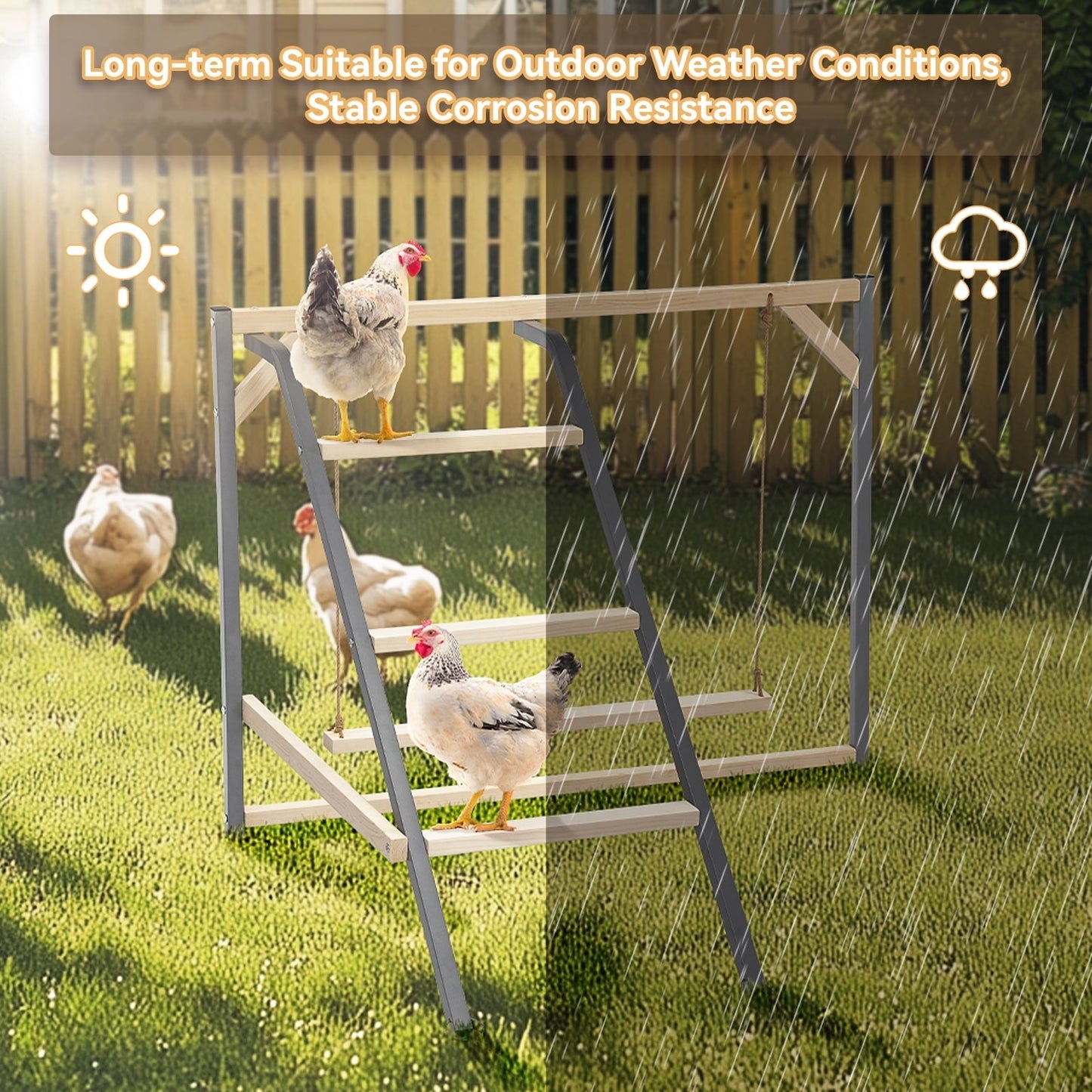 PETSFIT Chicken Perch for Coop-Solid Wood and Rustproof Iron Roosting Bar with Swing - Ideal for Backyard Poultry, Chicken Coops, and Farms-Easy to Assemble and Clean