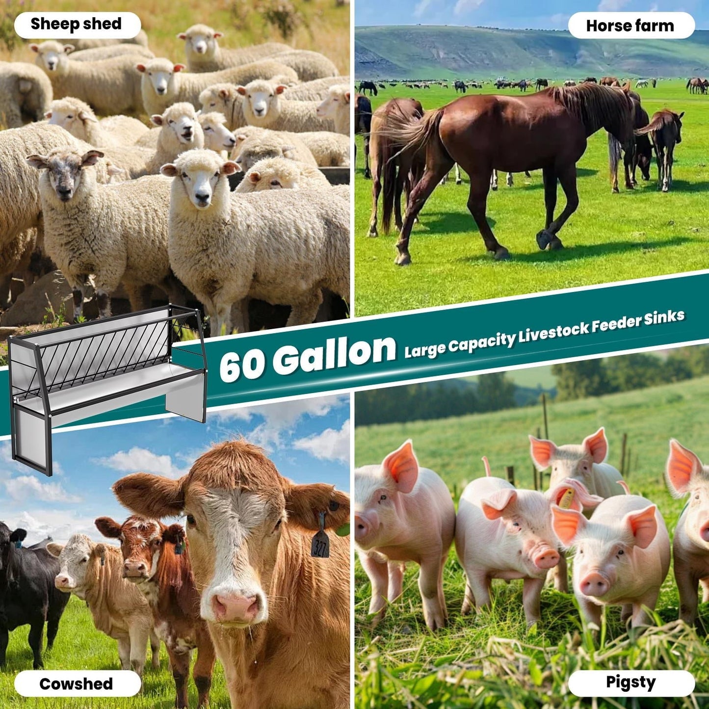 60 Gallon Feeder, Galvanized Steel Livestock Hay Feeder with 35 & 25 Gallon Compartments, Ideal for Goats, Cows in Outdoor Pasture, Ranch, Stable