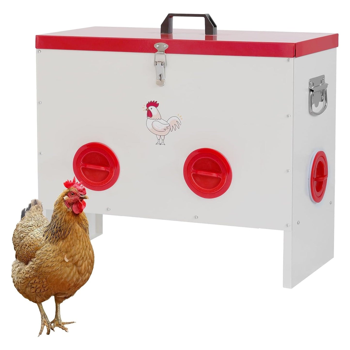 Pinypikaka 6 Ports Automatic Chicken Feeder No Waste, 50 Pounds Duck Poultry Feeder Box Metal Feeders for Chickens with Locking Rainproof Lid Chicken Coop Feed for Chickens, Ducks