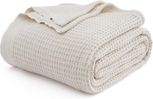 Bedsure 100% Cotton Blanket Queen Size for Bed - Breathable and Soft, Waffle Weave Blanket for Summer Spring, Khaki (a Little Bit Yellow), 90x90 Inches