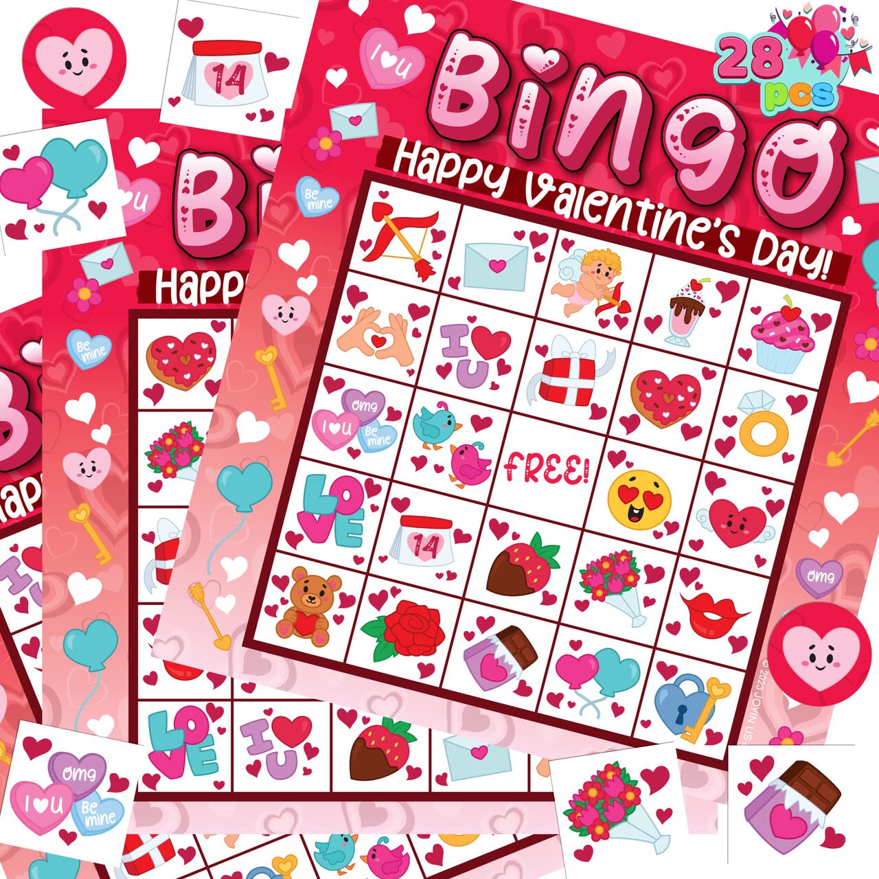 JOYIN 28 Players Valentine's Day Bingo Set, Game Cards for Kids School Classroom Party Supplies, Family Activity