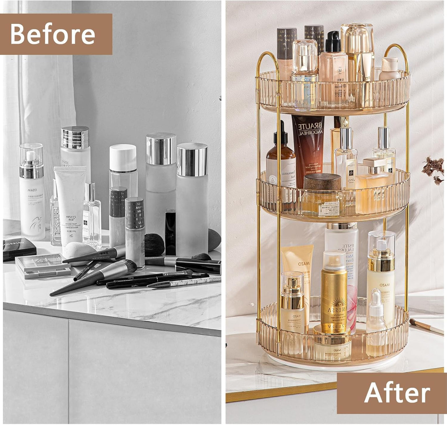 Rotating Makeup Organizer for Vanity, High-Capacity Skincare Clear Make Up Storage Perfume Organizers Cosmetic Dresser Organizer Countertop 360 Spinning (Gold, 3 Tier)