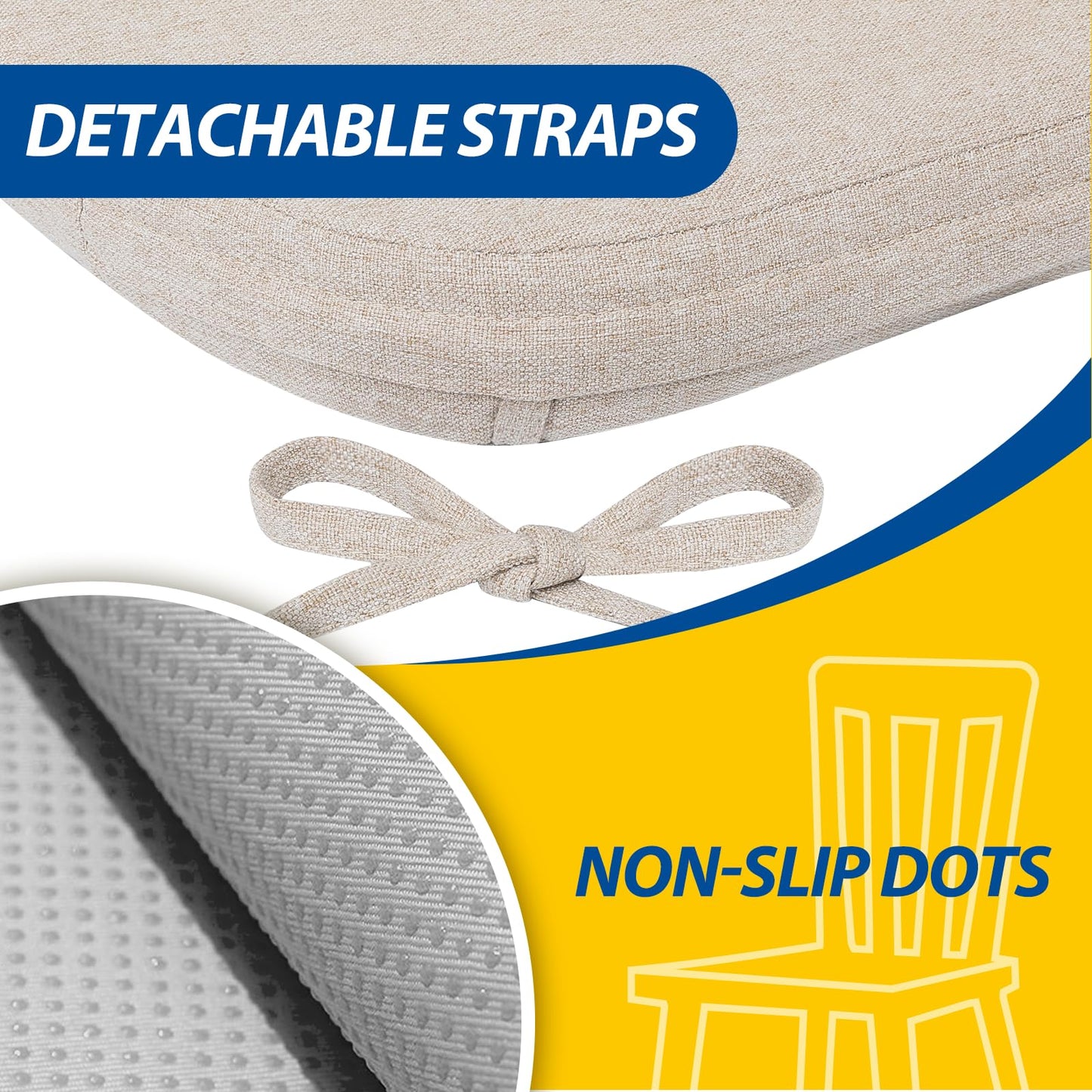 AAAAAcessories D-Shaped Chair Cushions, 2" Thick Dining Chair Pads with Ties and Removable, Machine-Washable Cover, 17" x 16", Set of 4, Beige