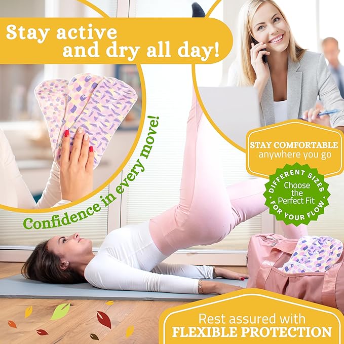 Non-Slip Organic Reusable Period Pads for Heavy Flow & Incontinence (L+XL, 6-Pack); High-Temp Viscose Washable Cloth Pads for Women; Non-Irritating, Soft Reusable Pad Menstrual for Comfortable Care