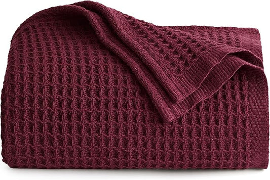 Bedsure 100% Cotton Blanket Twin XL Size for Bed - Breathable and Soft, Waffle Weave Blanket for Summer Spring, Burgundy Red, 66x90 inches