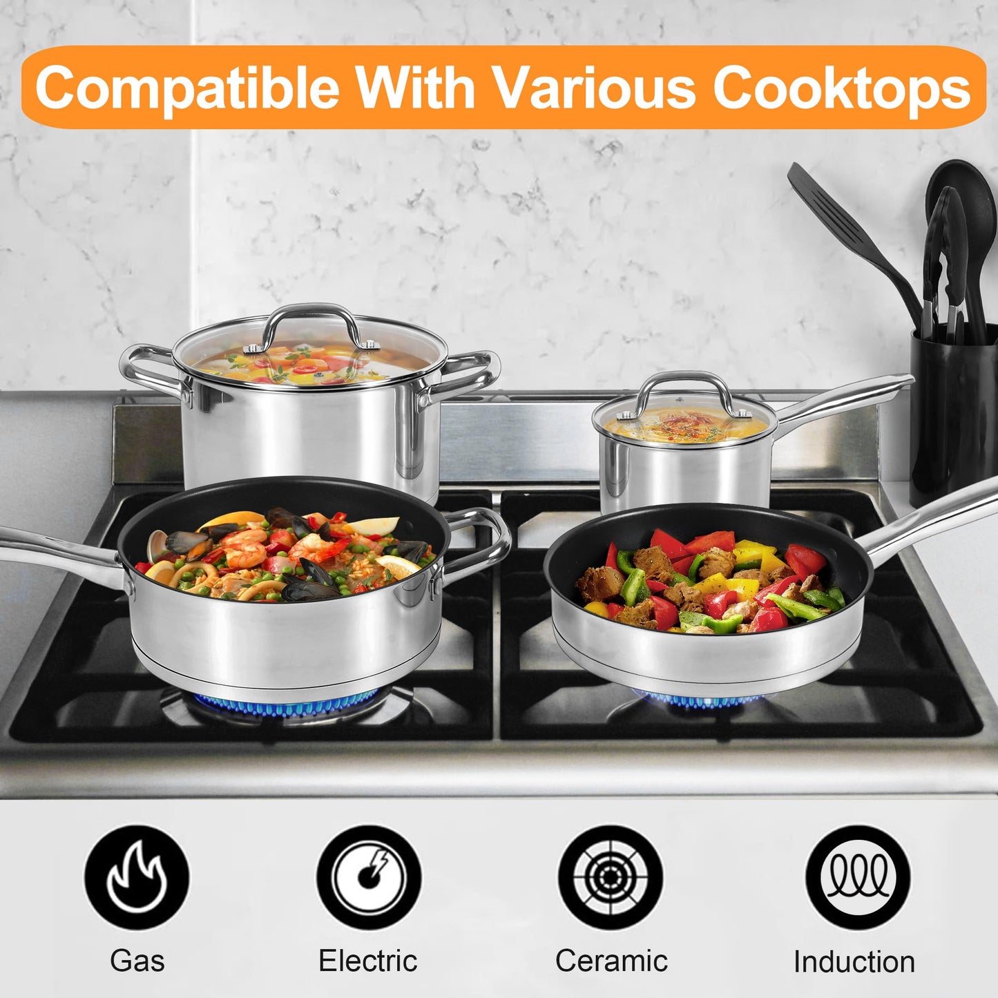 LIANYU 15Pcs Stainless Steel Cookware Set, Pots and Pans Kitchen Cooking Set with Utensils, Included Frying Saute Pans, Saucepans and Stock Pot, Works with All Stoves, Dishwasher & Oven Safe