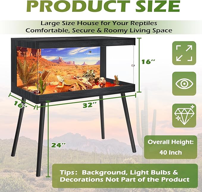 ROYXEN Bearded Dragon Tank with Leg Stand,Tempered Glass Reptile Tank with Metal Mesh Top, 3-Side Clear Anti-Scratch Glass Lizard Tank,Snake Tank for Reptile Habitat (Black, 34Gallons,32" Length)