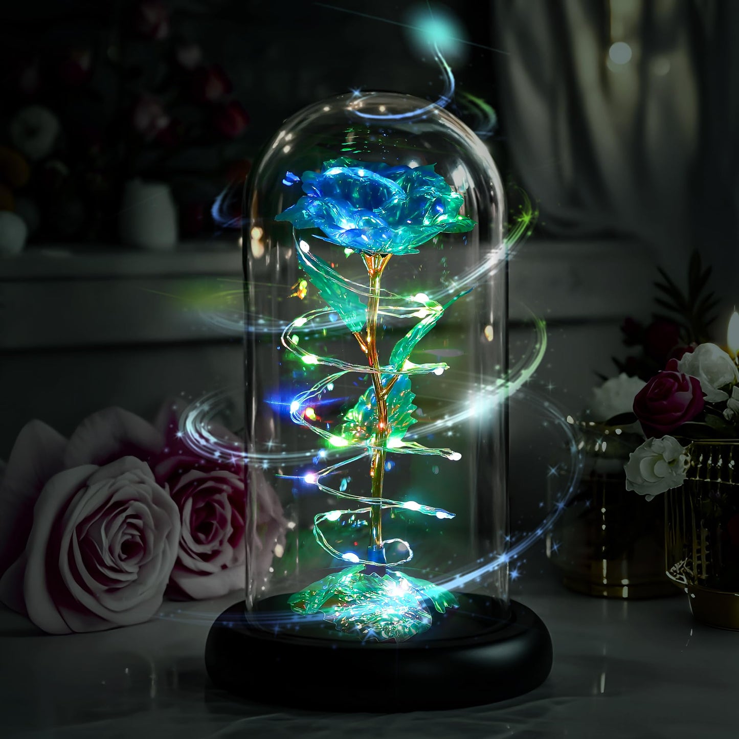 Childom Valentines Day Rose Gifts for Her,Birthday Gifts for Women Mom Mothers Day,Flowers for Delivery Prime,Rotating Blue Light Up Rose in A Glass Dome,Anniversary Valentines Rose Gift for Wife