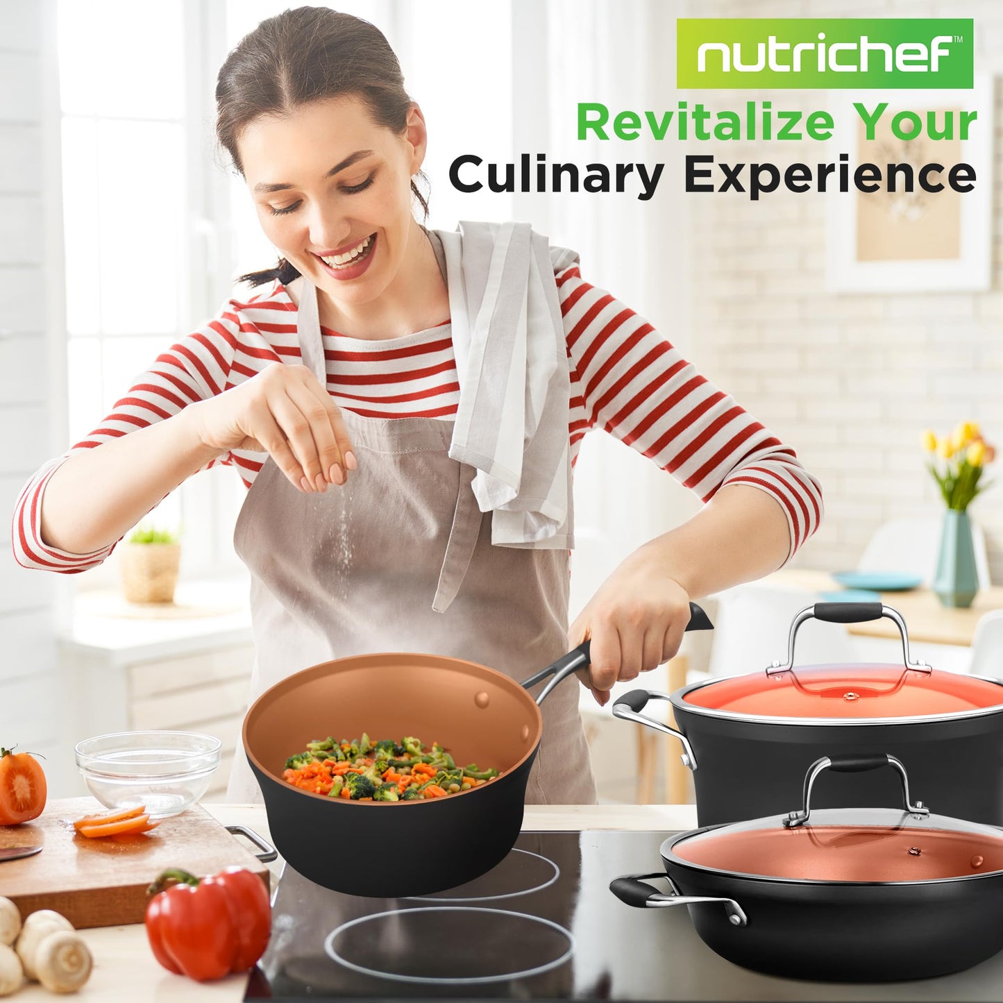 NutriChef 14-Piece Non-Stick Pots & Pans Set - Multi-Sized Cooking Pots with Lids, Small and Medium Frying Pans with Slotted Spatula, Pasta Server, Soup Ladle, Silicone Handles (Copper Color)