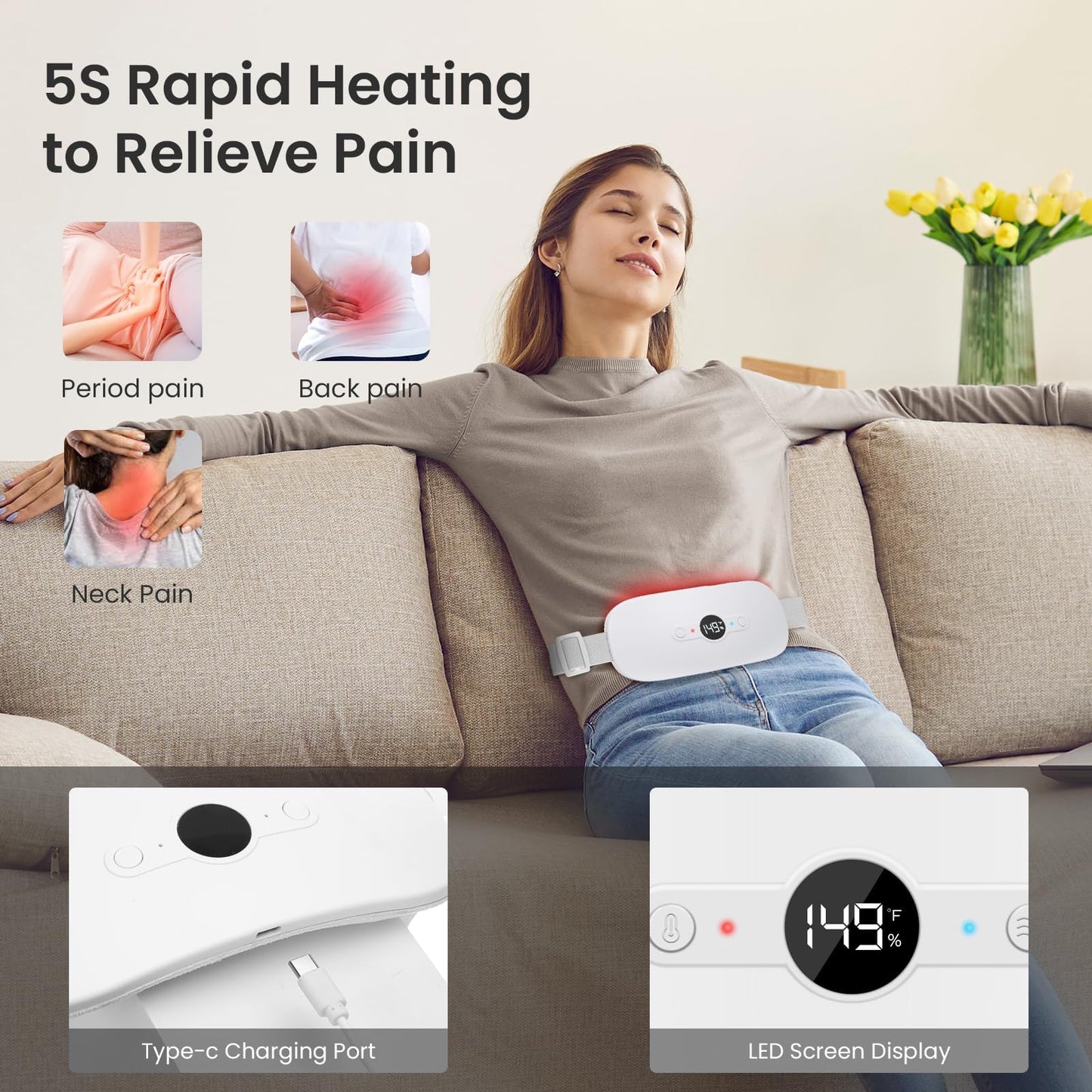 NOWWISH Heating Pad for Period Cramps Pain Relief, Portable Electric Cordless Menstrual Heating Pad Rechargeable with 6 Heat Levels and 6 Massage Modes, Christmas Gifts for Women Teen Girls, Pink