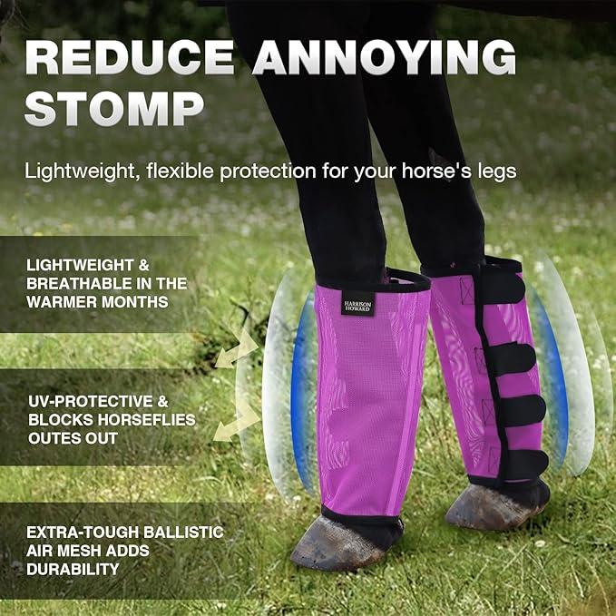 Harrison Howard Loose Fitting Fly Boots UV-Protective Extra Tough Mesh Ventilated Four Fasteners Stay-on Design Protect Horse Legs & Stomp-Reducing Set of 4 Purple Medium