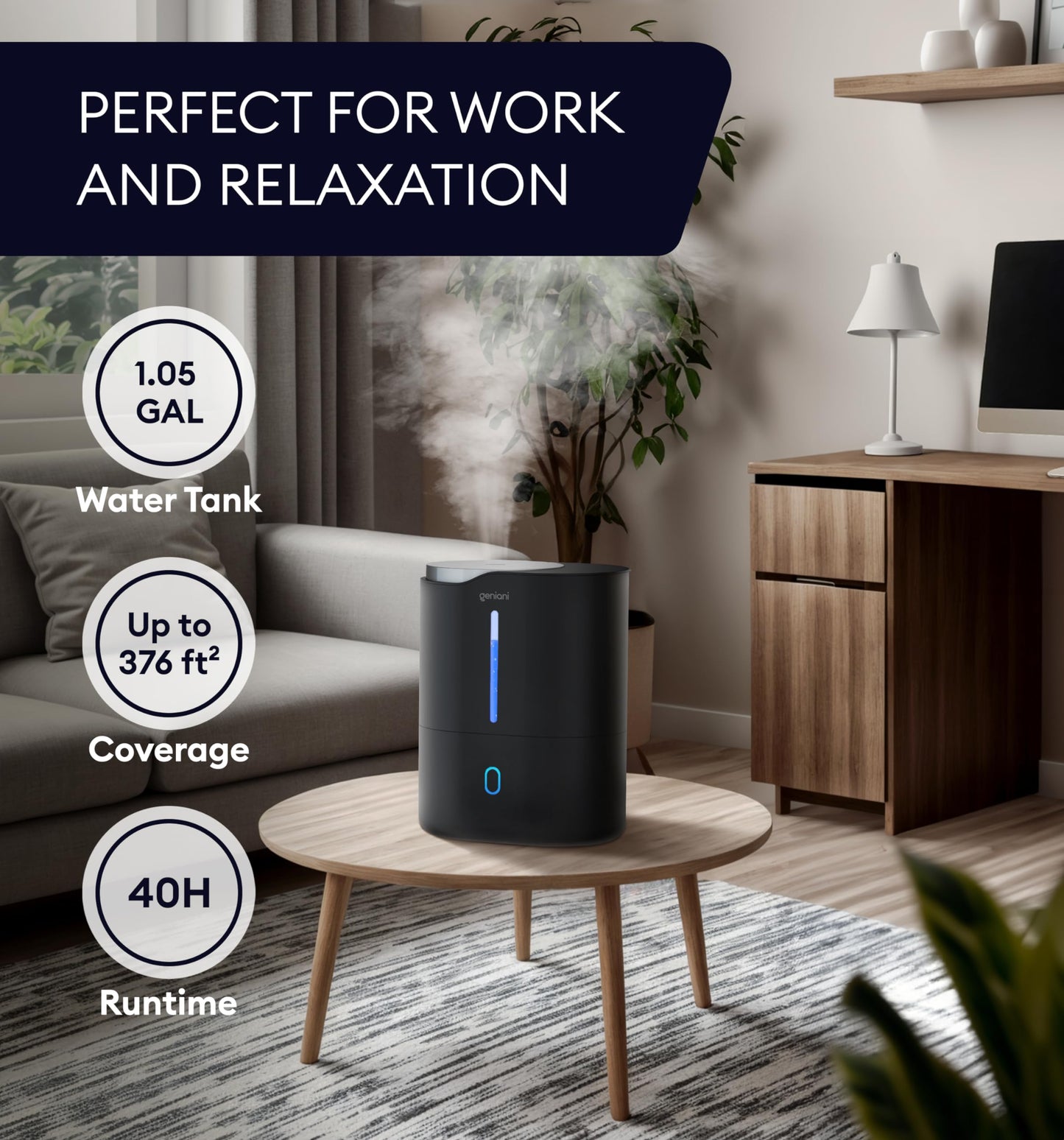 GENIANI Ultrasonic Cool Mist Humidifier for Bedroom, Large Rooms, Home, 4L - Easy Fill & Clean Humidifier for Plants w/Auto Shut-off, 40H Runtime - Quiet, Top Fill Air Humidifier