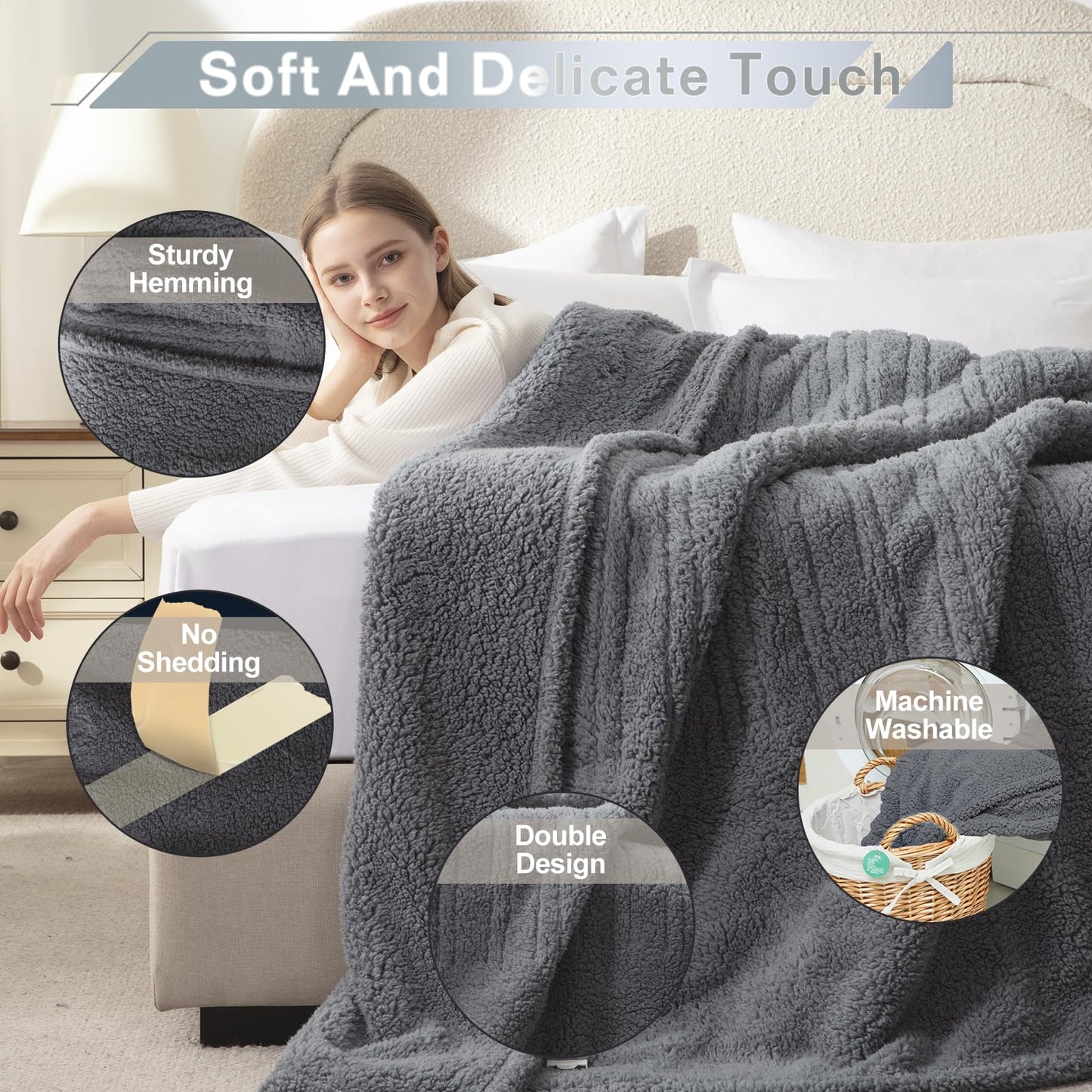 Heated Throw Blanket Double Sided Sherpa, Soft Heating Electric Blanket for Bed, Automatic Safety System, 6 Heating Levels & 4 Hours Auto-Off, 50"x60" Arctic Grey