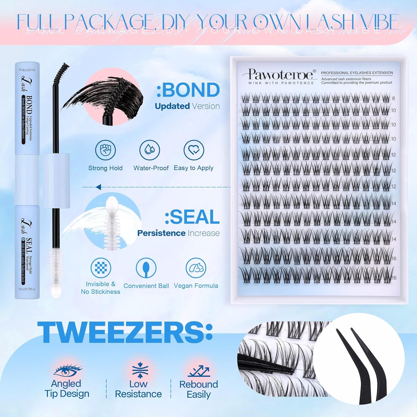 Pawotence DIY Lash Extension Kit | 280pcs 50D Individual Clusters 9-16mm