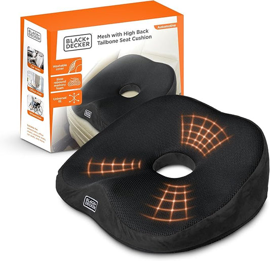 BLACK+DECKER High Back Tailbone Seat Cushion – Memory Foam Chair Cushion for Office, Car, Wheelchair & Airplane – Ergonomic, Non Slip, Breathable Mesh, Sciatic Pain Relief, Washable Cover, Black