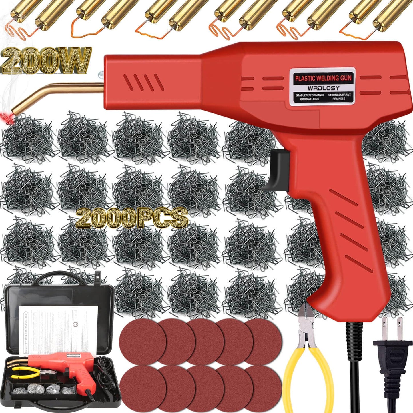 200W Plastic Welder, 2000PCS Staples 10PCS Sandpaper, Plastic welding Kit, Plier Custom Carry Case, Plastic Repair Car Bumper Repair Simplicity Of Use
