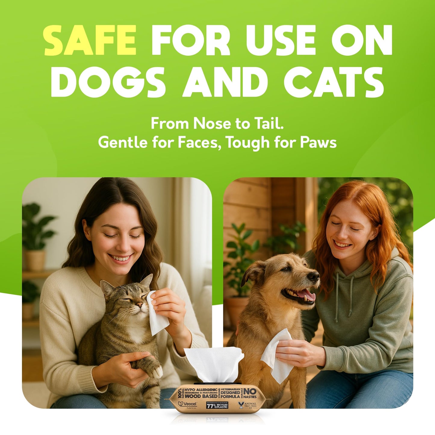 Lick-Safe Pet Wipes for Dogs & Cats - Vet-Approved & Hypoallergenic - Cleans Mud, Odors & Dander - Feline & Dog Wipes for Paws, Face & Butt - Earth-Friendly & Unscented Cat Cleaning - Pack of 100
