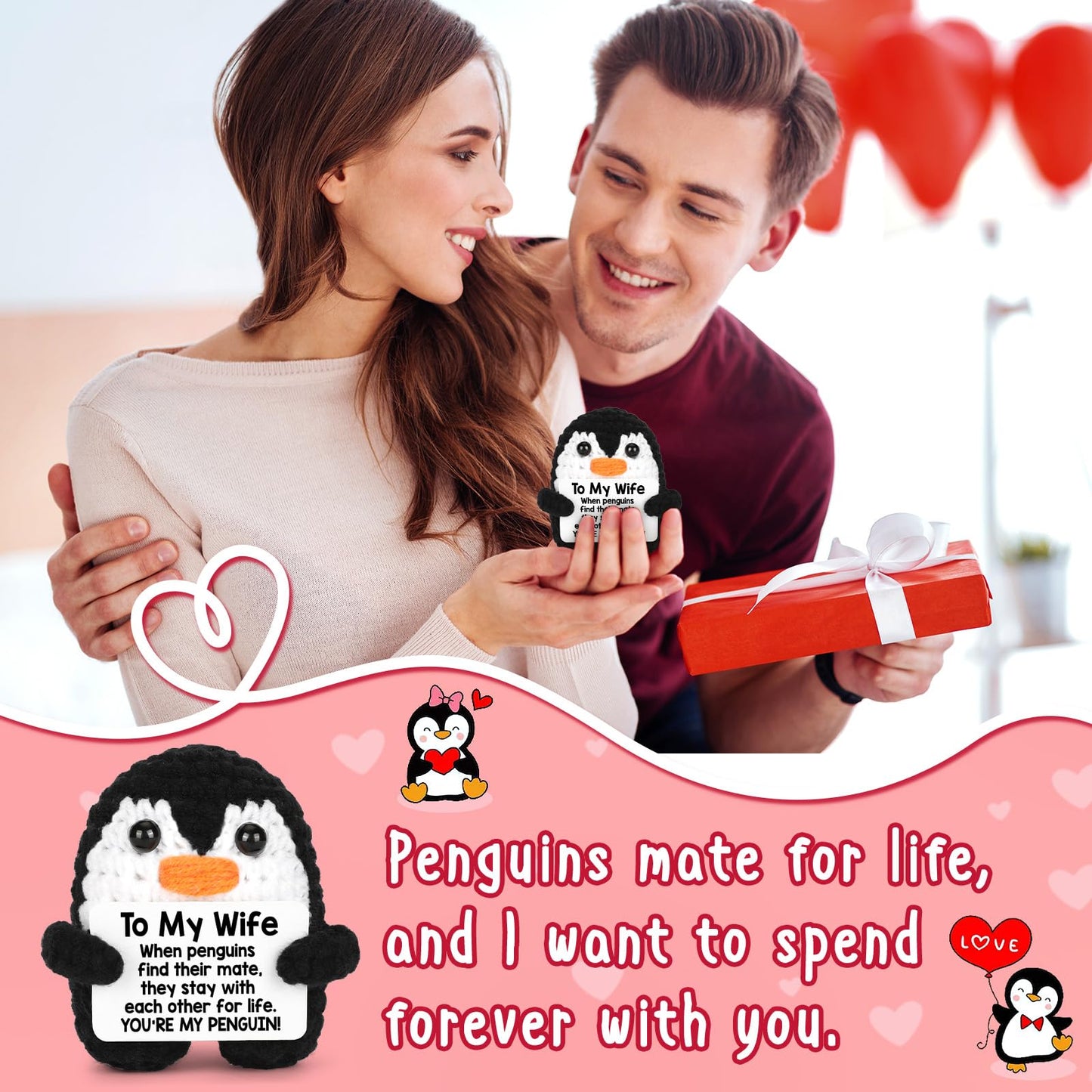 Positive Crochet Penguin, Mini Funny Brithday Galentines Valentines Gifts for Women Men Teens Boys Girls, Inspirational Appreciation Gifts for Coworker Friend Sister Her Him, Emotional Positive Decor
