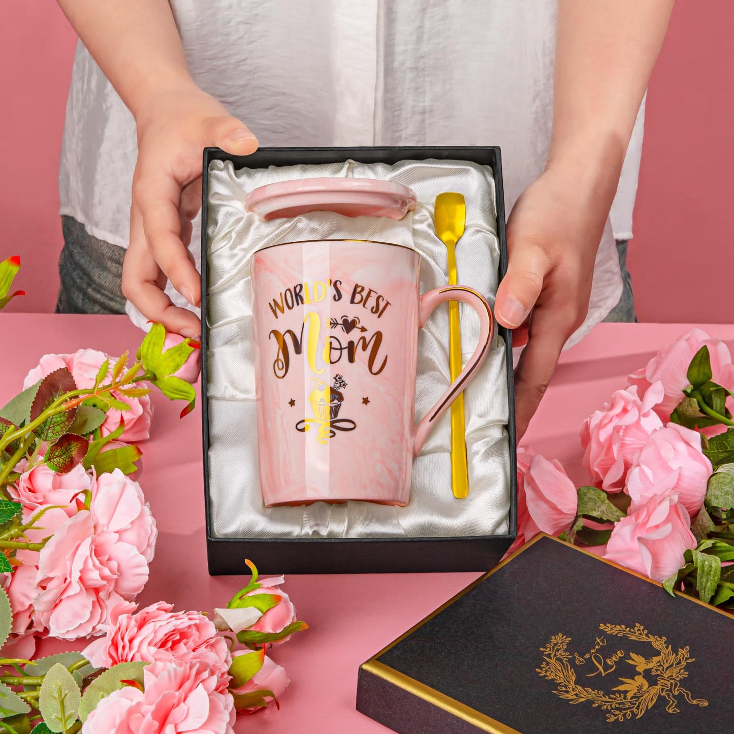 Best Friend Birthday Gifts for Women, Friendship Gifts for Women, Unique Birthday Valentines Day Gift Ideas for Her, Friends Female, Besties, BFF Ceramic Marble Coffee Mug Gift Box Printed Gold 14 oz