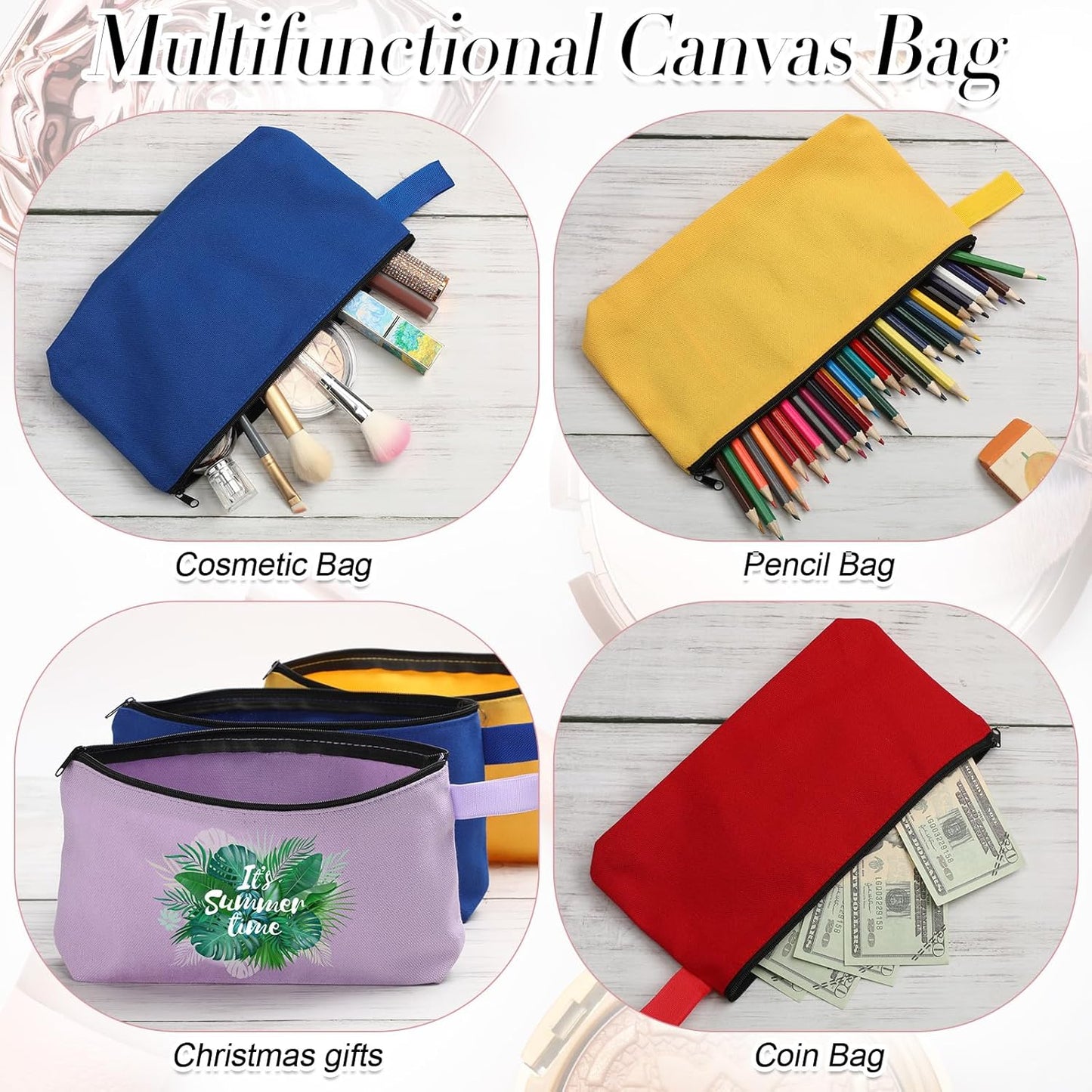 Reginary 60 Pieces Canvas Makeup Bags Bulk Cute Travel Cosmetic Pouch Multipurpose Blank Small Toiletry Bag DIY with Zipper for Women Teens Operation Christmas Gifts Items, 15 Colors(9.8 x 5 x 2 Inch)