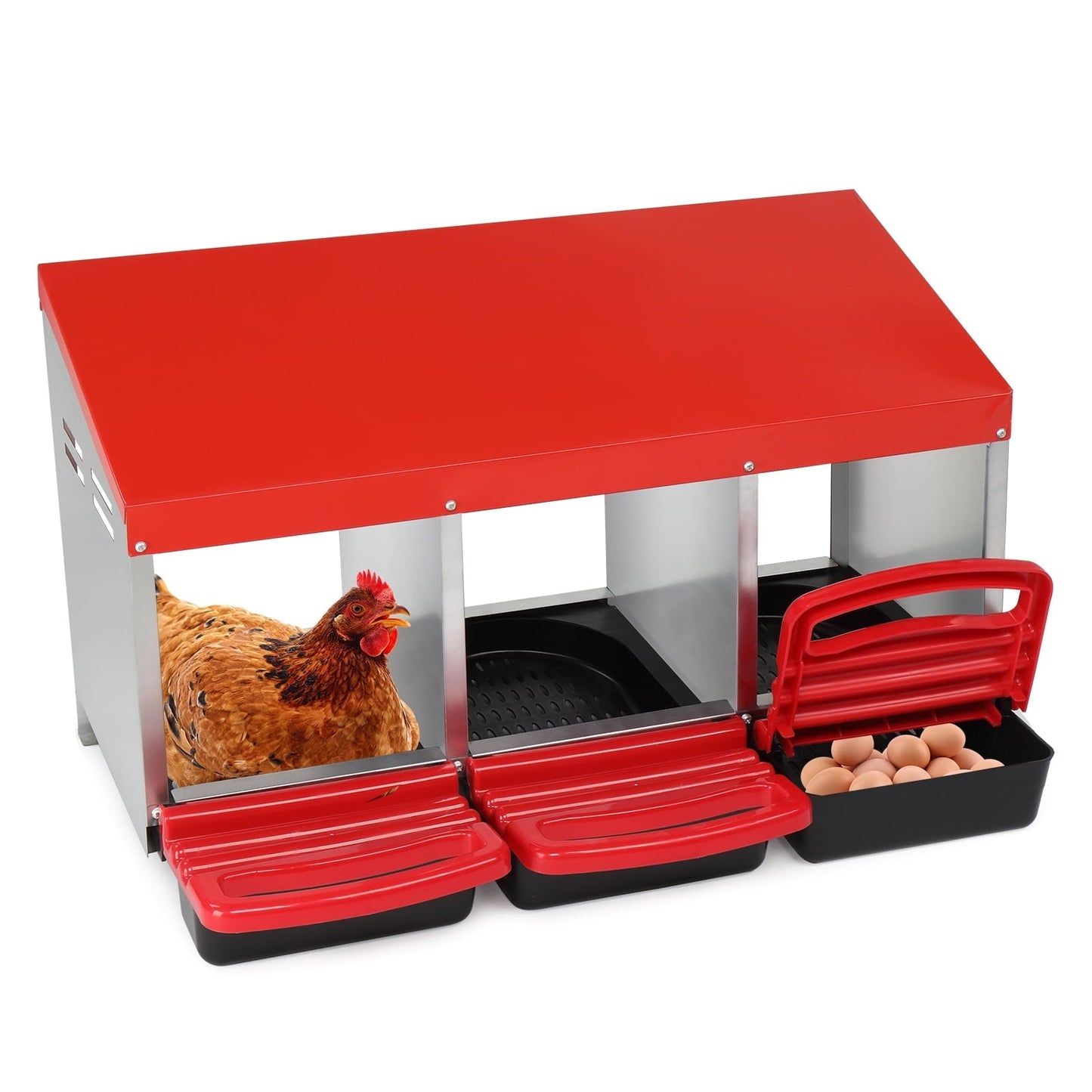 Xilee Chicken Nesting Box, 3 Compartments Chicken Laying Box, Hanging Nesting Box with Egg Saver, Perch Cover for Hen,Red