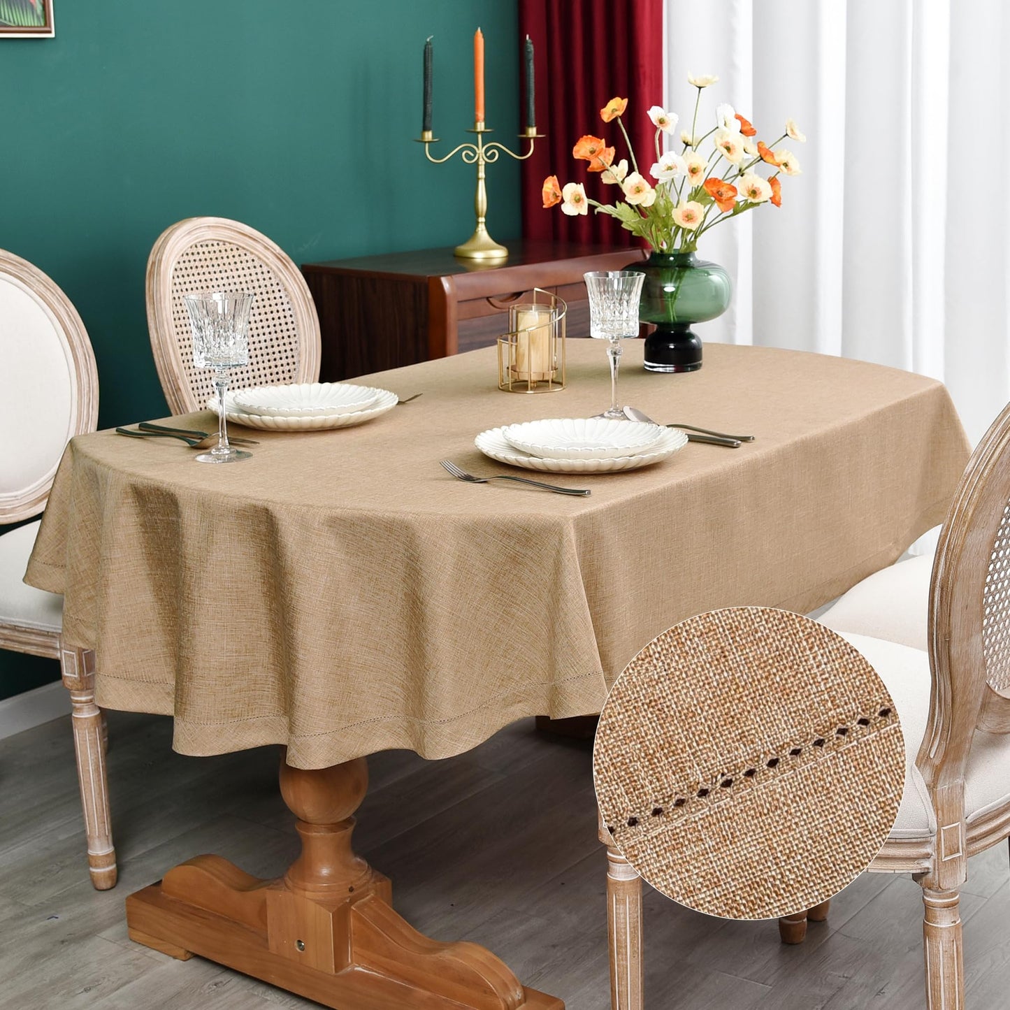 NEWISHER Farmhouse Oval Hemstitch Border Tablecloth Neutral Faux Linen Table Cloth Rustic Table Cover for Dining Kitchen Party Holiday Home (Flaxen, 52x70 Inch)
