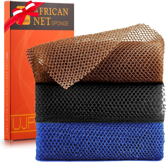 3-Piece African Net Bath Sponge Set | Exfoliating Shower Scrubber | Black, Blue, Brown