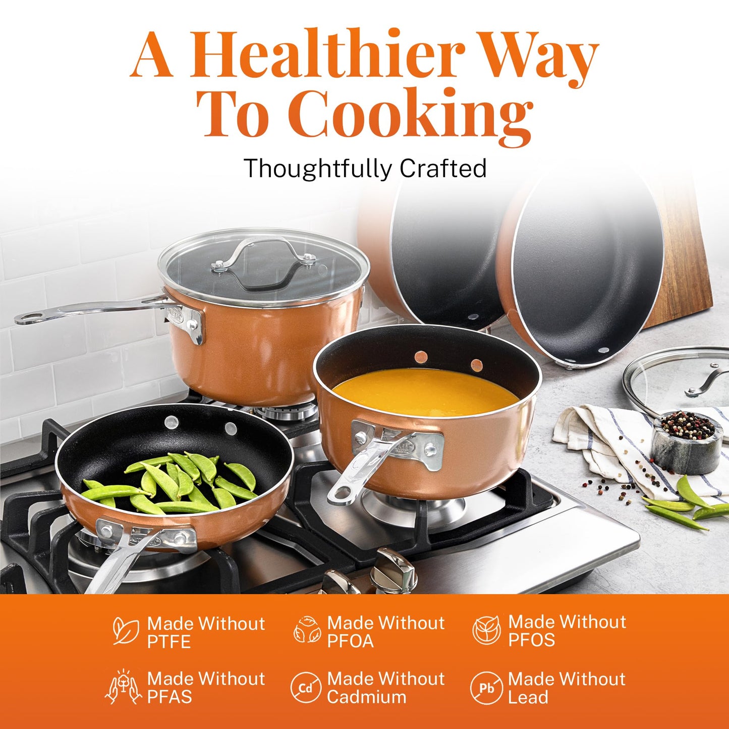 GOTHAM STEEL 10 Pc Copper Pots and Pans Set Non Stick Cookware Sets for Kitchen, Space Saving Pots and Pans with Fry Pan and Pot Set, Non Toxic, Nonstick Cookware Set, Oven and Dishwasher Safe