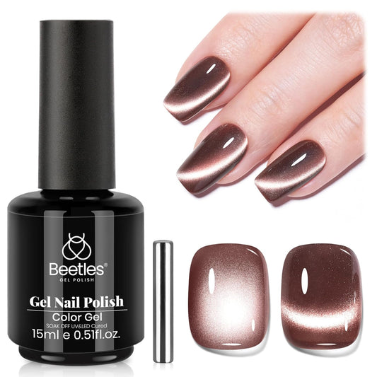 Beetles Brown Cat Eye Gel Nail Polish - Cinnamon Girl Cat Eye Gel Polish, 15ML Glitter Brown Magnetic Fall Gel Polish Jelly Sheer Translucent Effect Soak Off UV French Nail Art Manicure Gift for Women