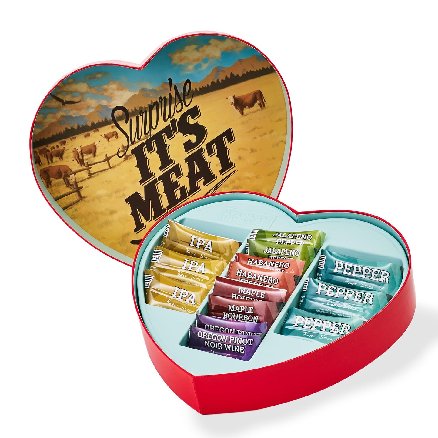 Valentine’s Day Gift for Men – Meat Heart with 14 Beef & Pork Sticks – Heart-Shaped Meat Snack Box for Him, Boyfriend, Husband