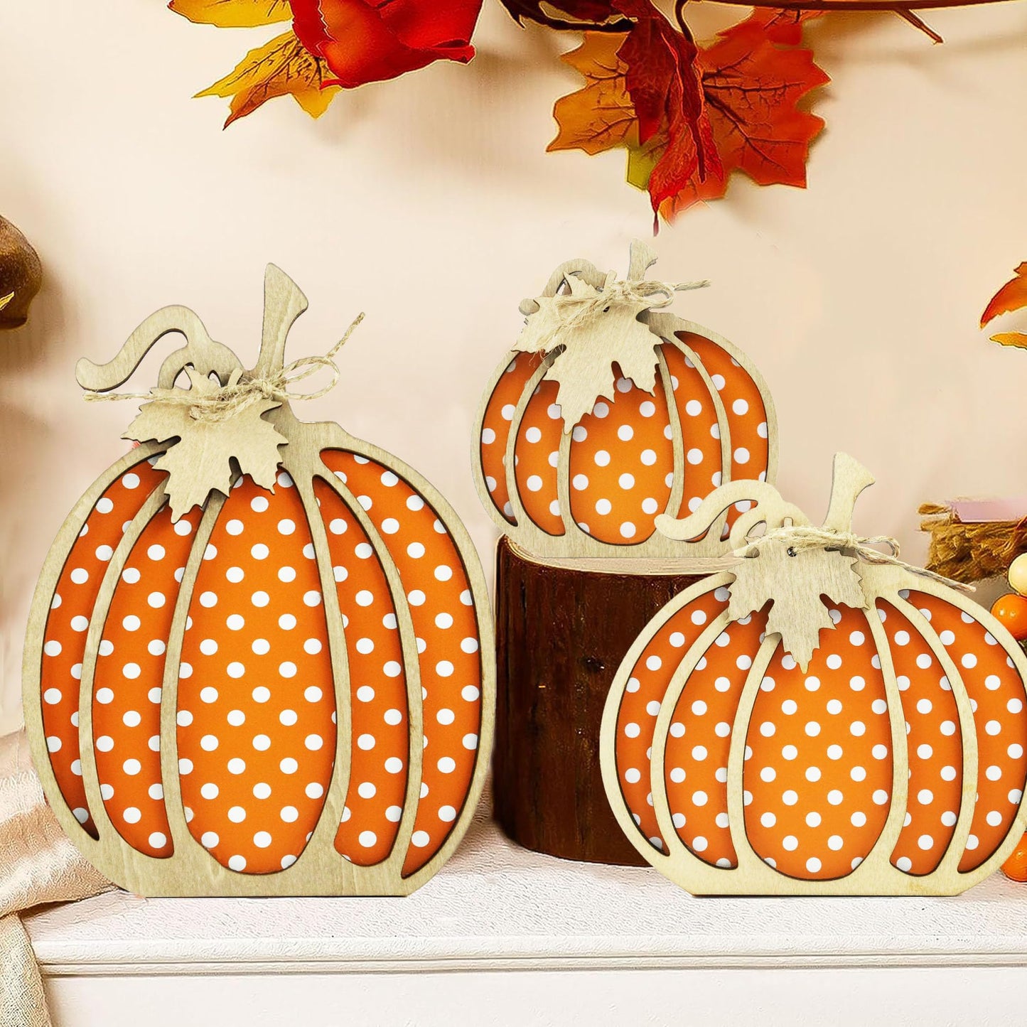 Fall Decor Wooden Pumpkin Decorations for Home 3PCS Autumn Pumpkin Farmhouse Harvest Decorations Self Sitters Mantel Table Sign Tiered Tray Decor