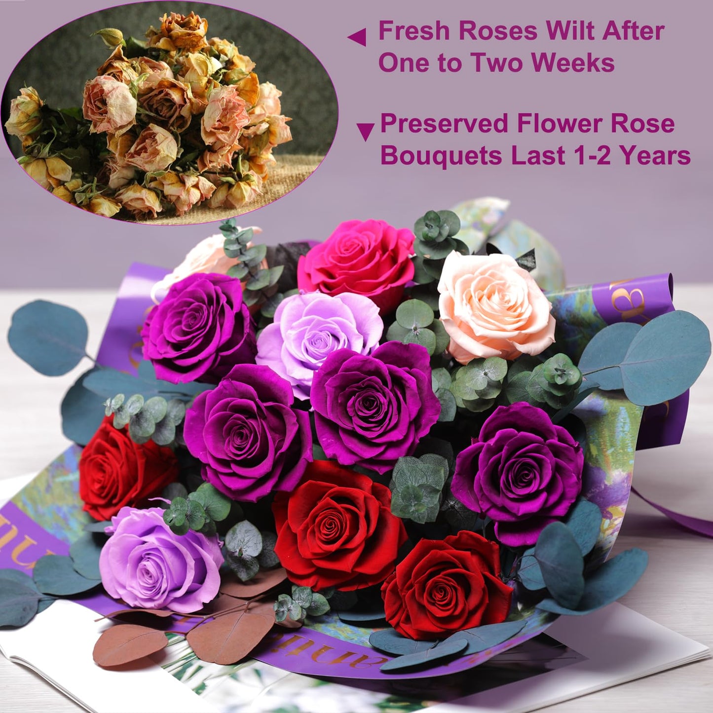 lovenfold Flowers for Delivery,Preserved Flowers Bouquets,Purple Rose Bouquets That Last 1-3 Years,Birthday Flowers Gifts for Women Mom Grandma Wife Friends