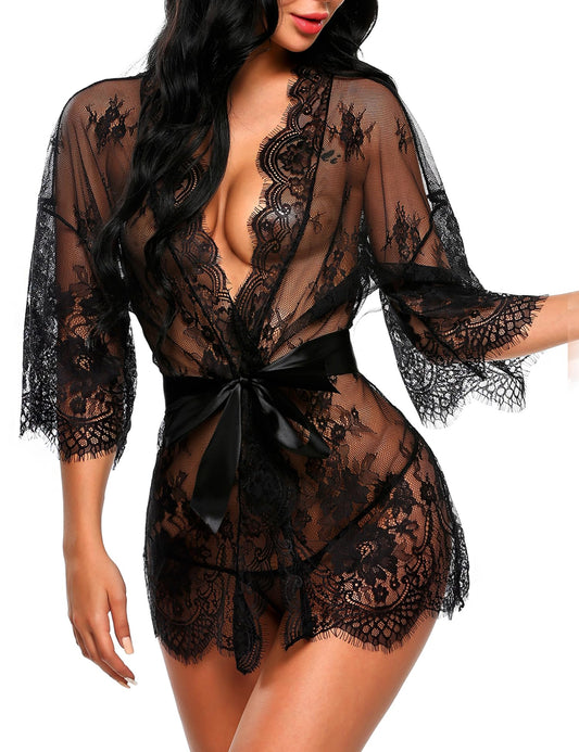 Avidlove lace robe Women's Lace Kimono Robe Babydoll Lingerie Mesh Nightgown Black L