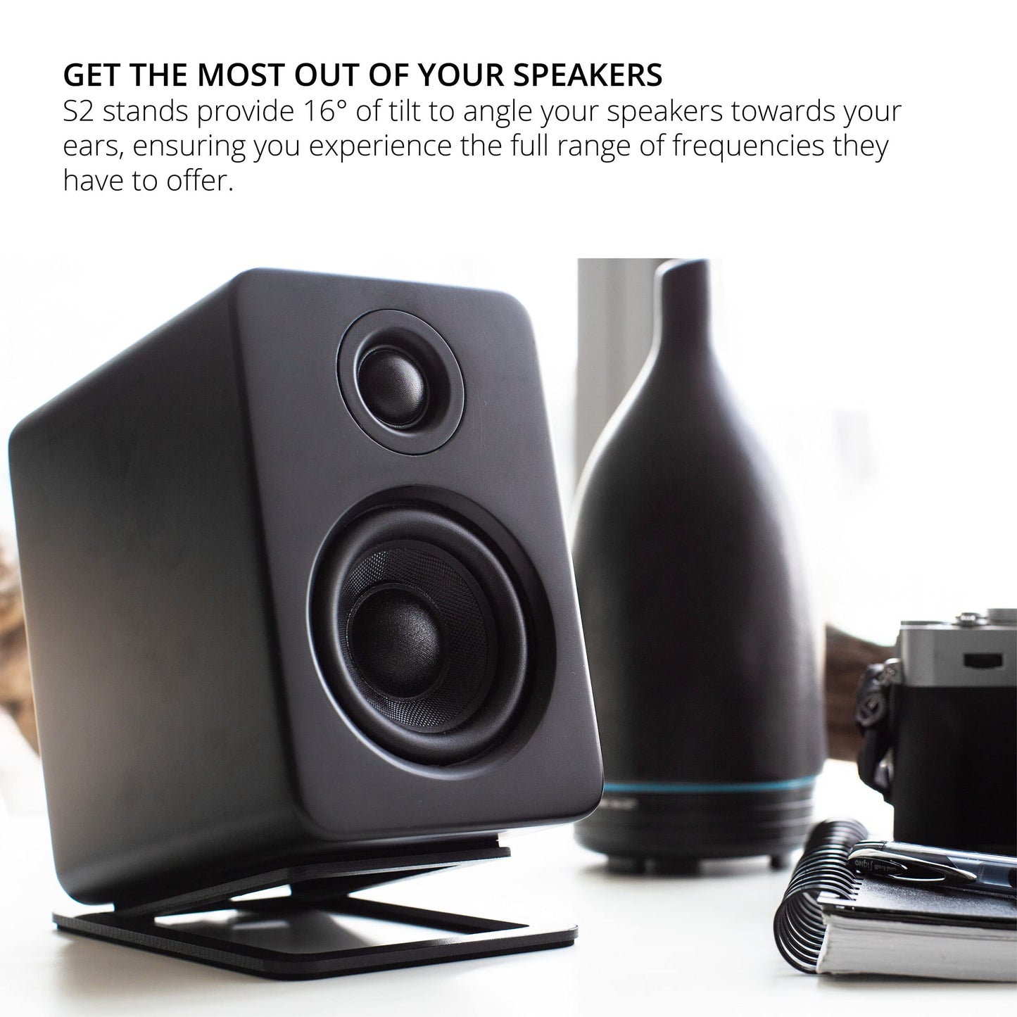 Kanto S2 Tilted Desktop Speaker Stands for Small Speakers & Compact 2”-3” Studio Monitors | Supports 6 lbs | Damping Foam Padding | Pair | Black