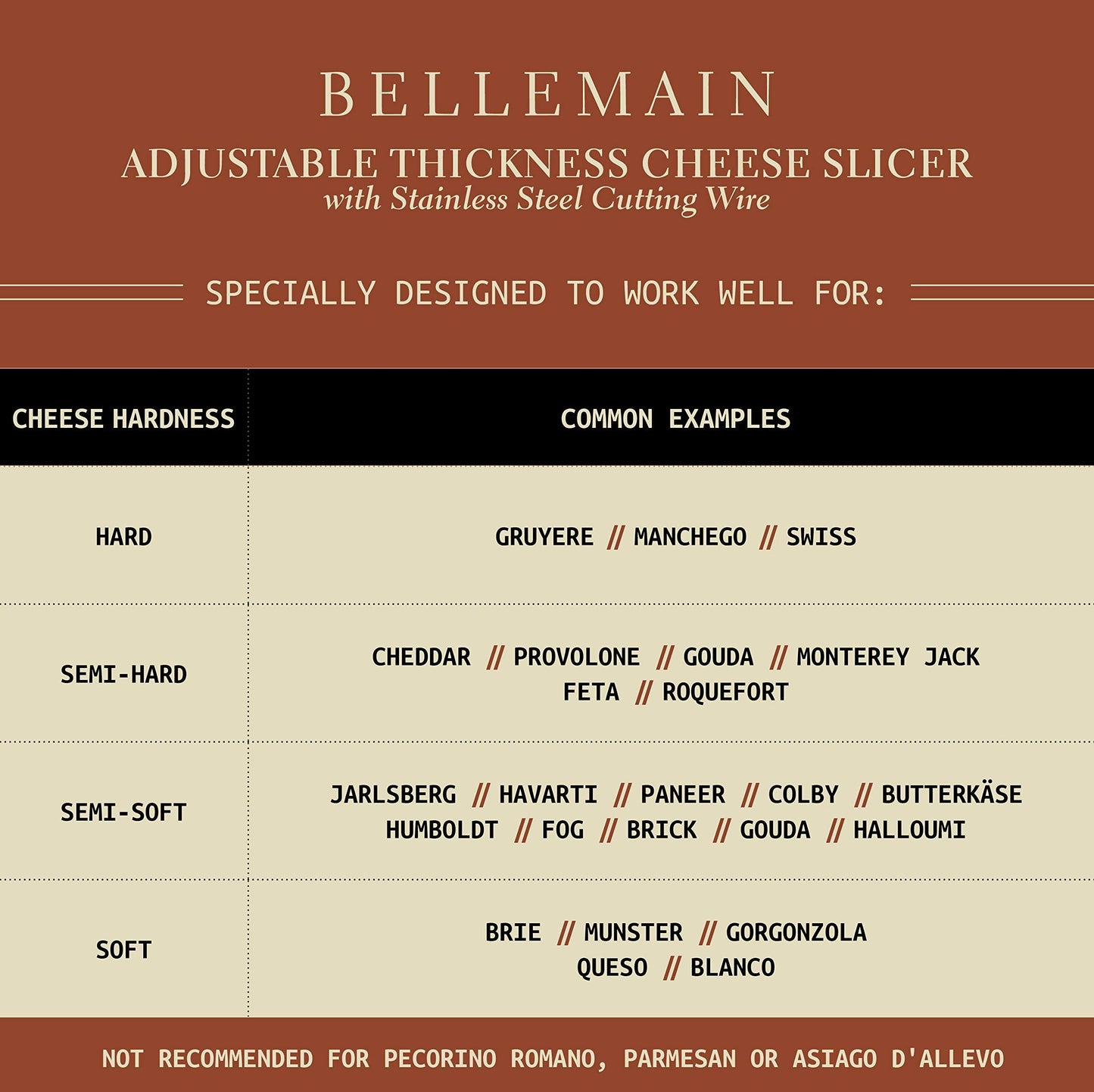 Bellemain Stainless Steel Wire Cheese Slicer - Adjustable Cheese Cutter for Cheddar, Gruyere, Raclette, Mozzarella Cheese Block, Gold