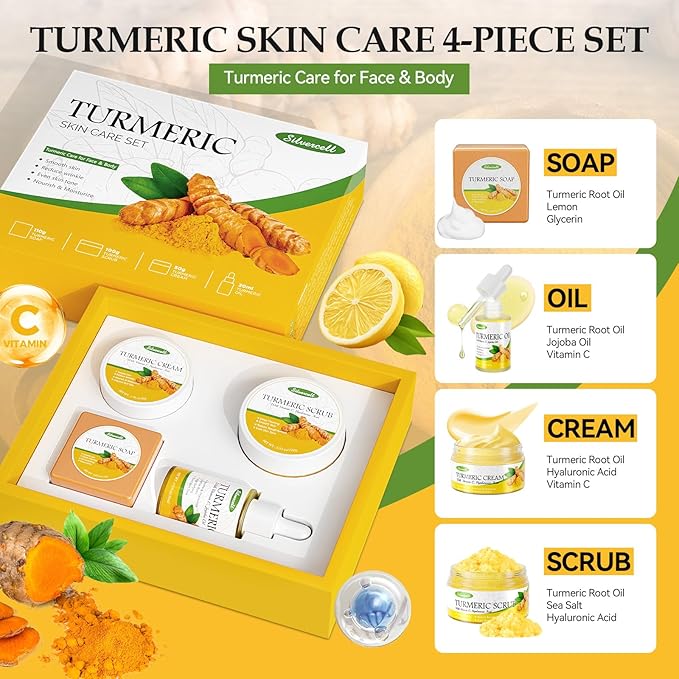 Turmeric Skin Care Set with Vitamin C, Turmeric Skincare Set Christmas Gifts for Women, Skin Care Kit for Anti-Aging Hydrating, Skincare Gift Set with Turmeric Soap Bar & Scrub, Turmeric Oil & Cream