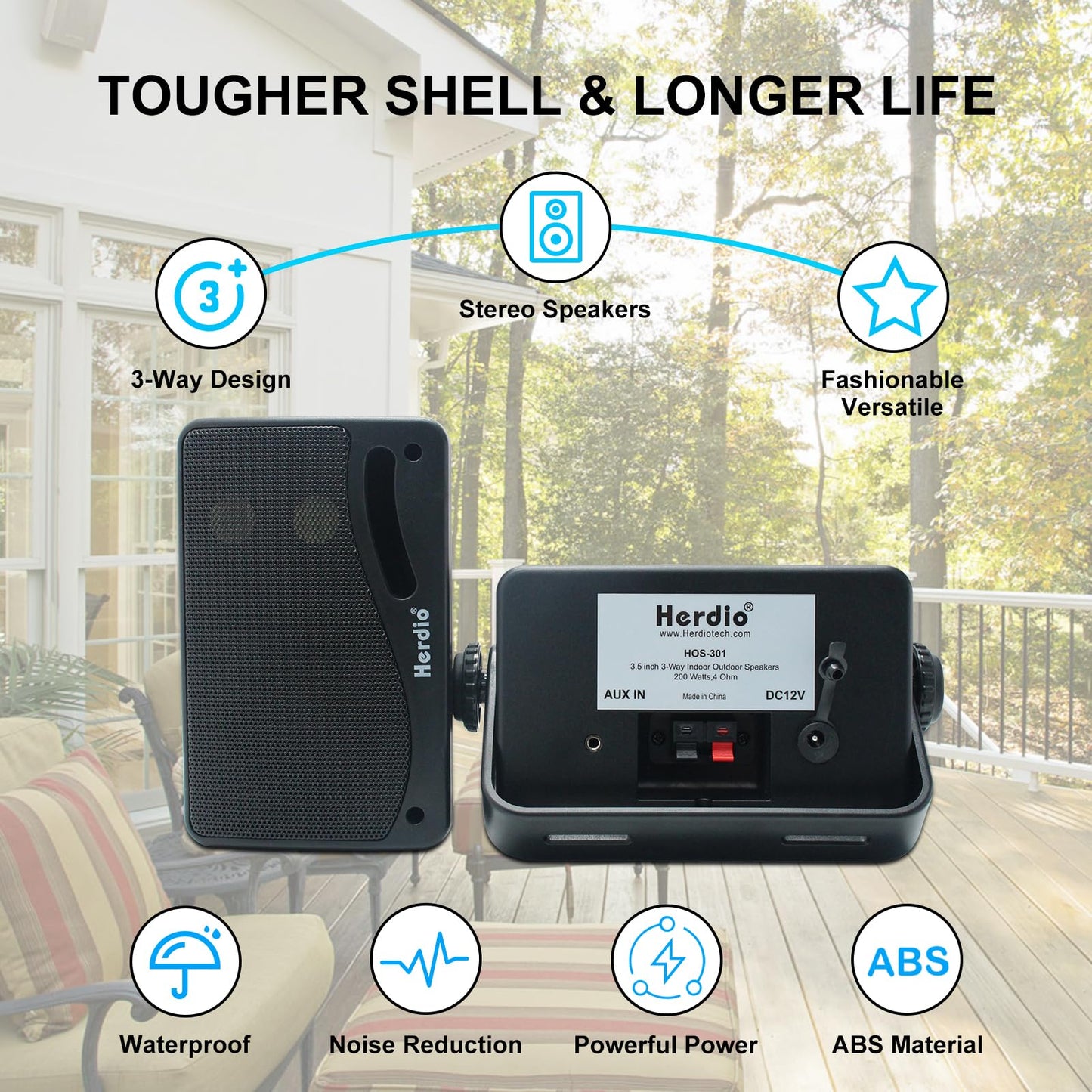 Herdio 3.5" Outdoor Bluetooth Speakers Wired Waterproof, 200W 3 Way Upgrade Premium Wall Mount Speakers, Durable Mountable Loud Sound System for Patio Indoor Deck Garage (Black Pair)