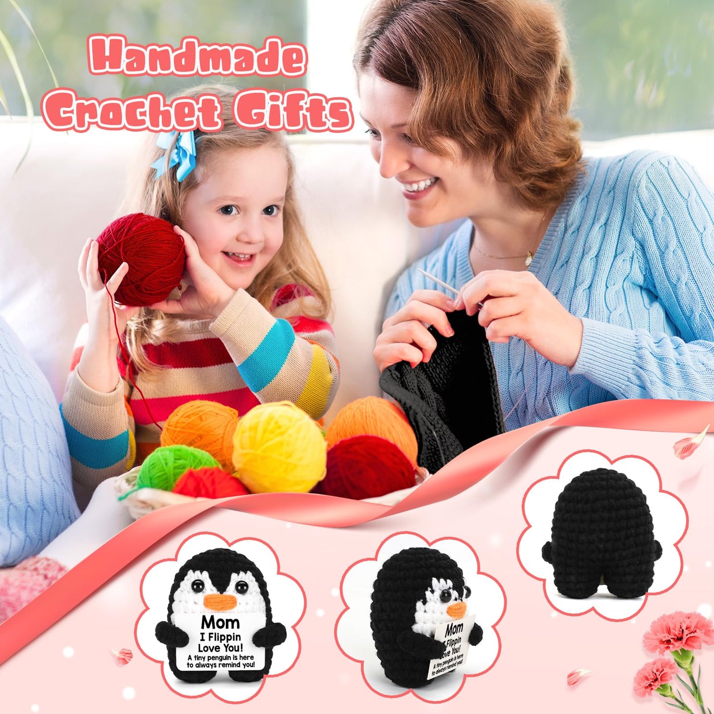 Positive Crochet Penguin, Mini Funny Brithday Galentines Valentines Gifts for Women Men Teens Boys Girls, Inspirational Appreciation Gifts for Coworker Friend Sister Her Him, Emotional Positive Decor
