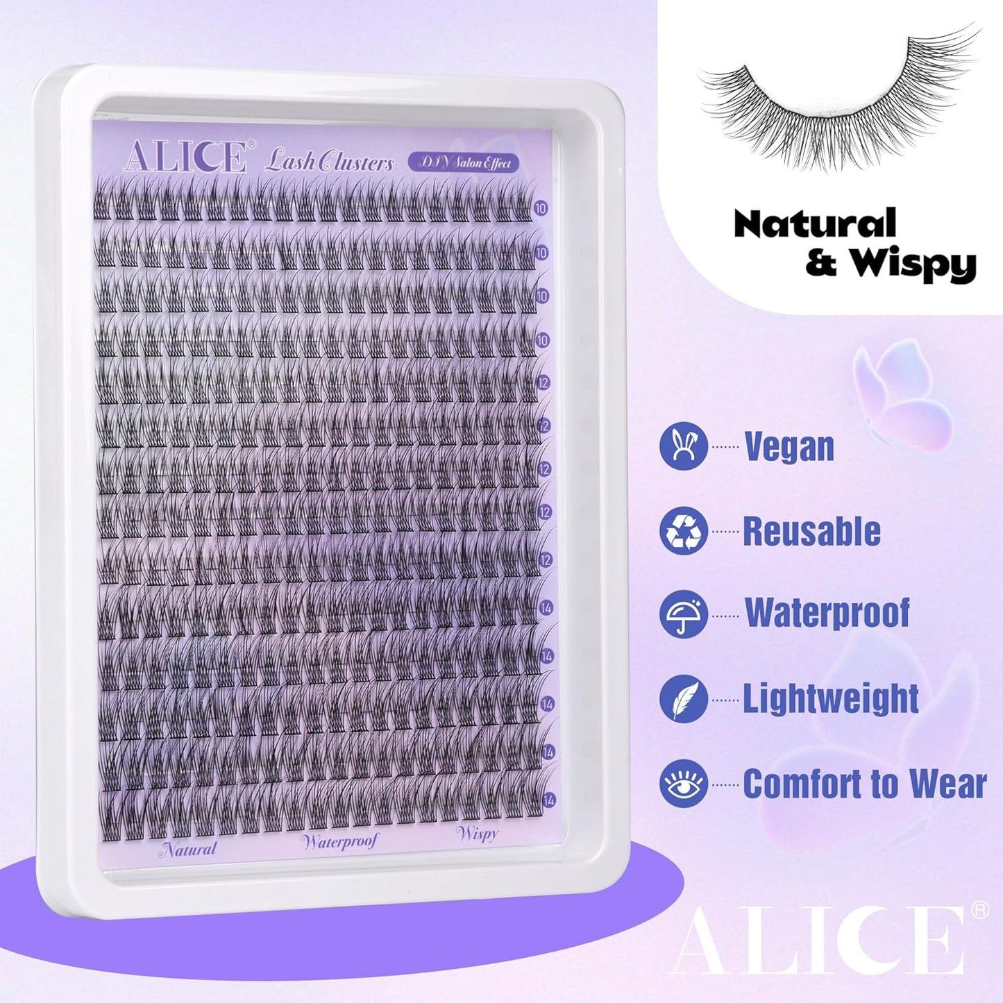 ALICE DIY Eyelash Extension Kit | 196pcs Natural Wispy Clusters | 10-18mm