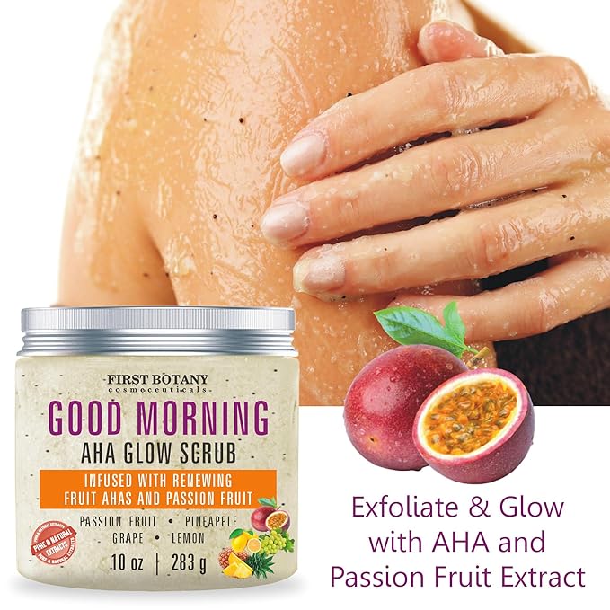 First Botany Body Scrub - Natural Exfoliating Salt Scrub & Body and Face Souffle helps with Moisturizing Skin, Acne, Cellulite, Dead Skin Scars, Wrinkles (10 fl oz, AHA Passion Fruit)