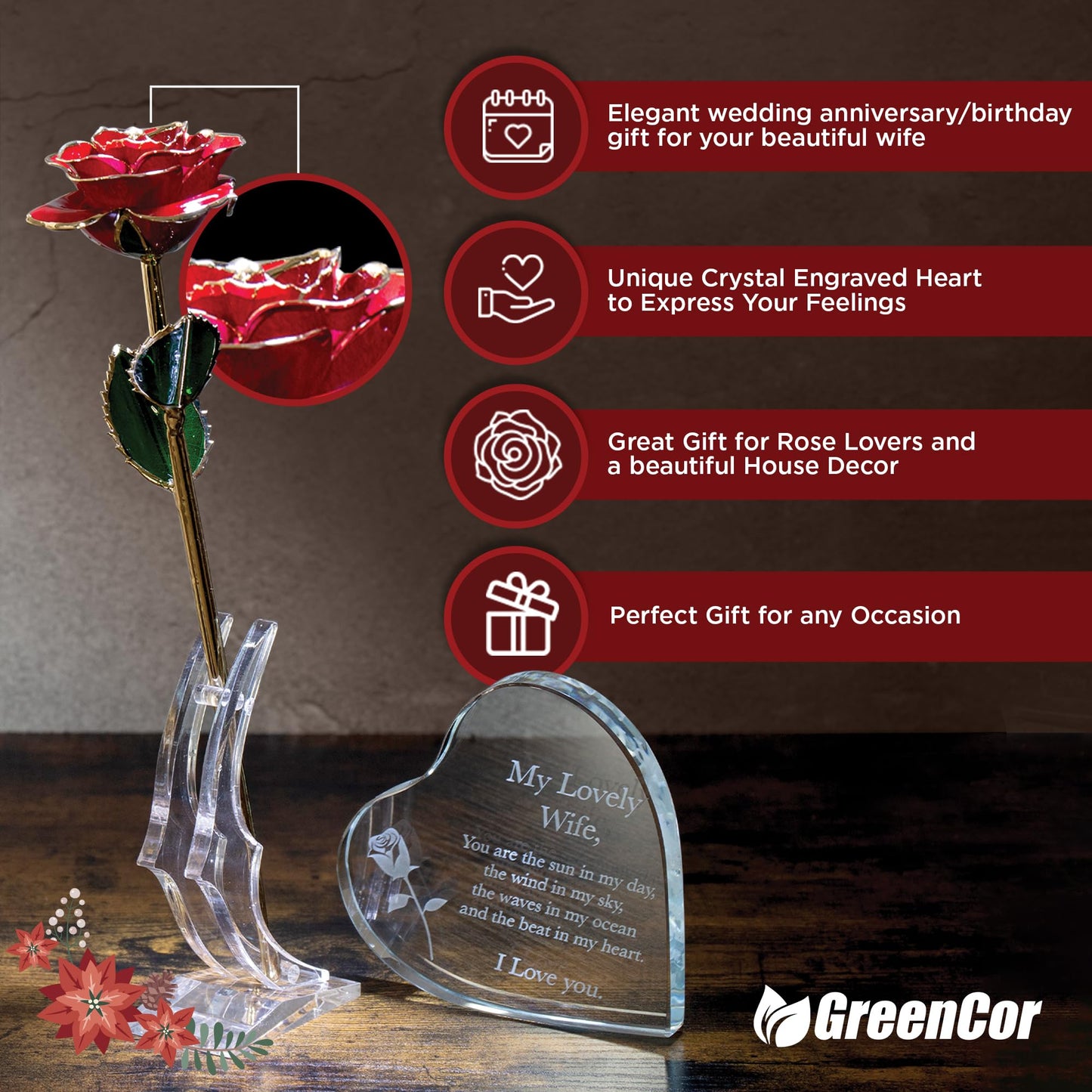 GreenCor Valentines Day for Wife Engraved Wooden Gift Set 'To My Beautiful Wife' Includes Crystal Engraved Heart 24K Gold Dipped Rose for Birthday Gifts