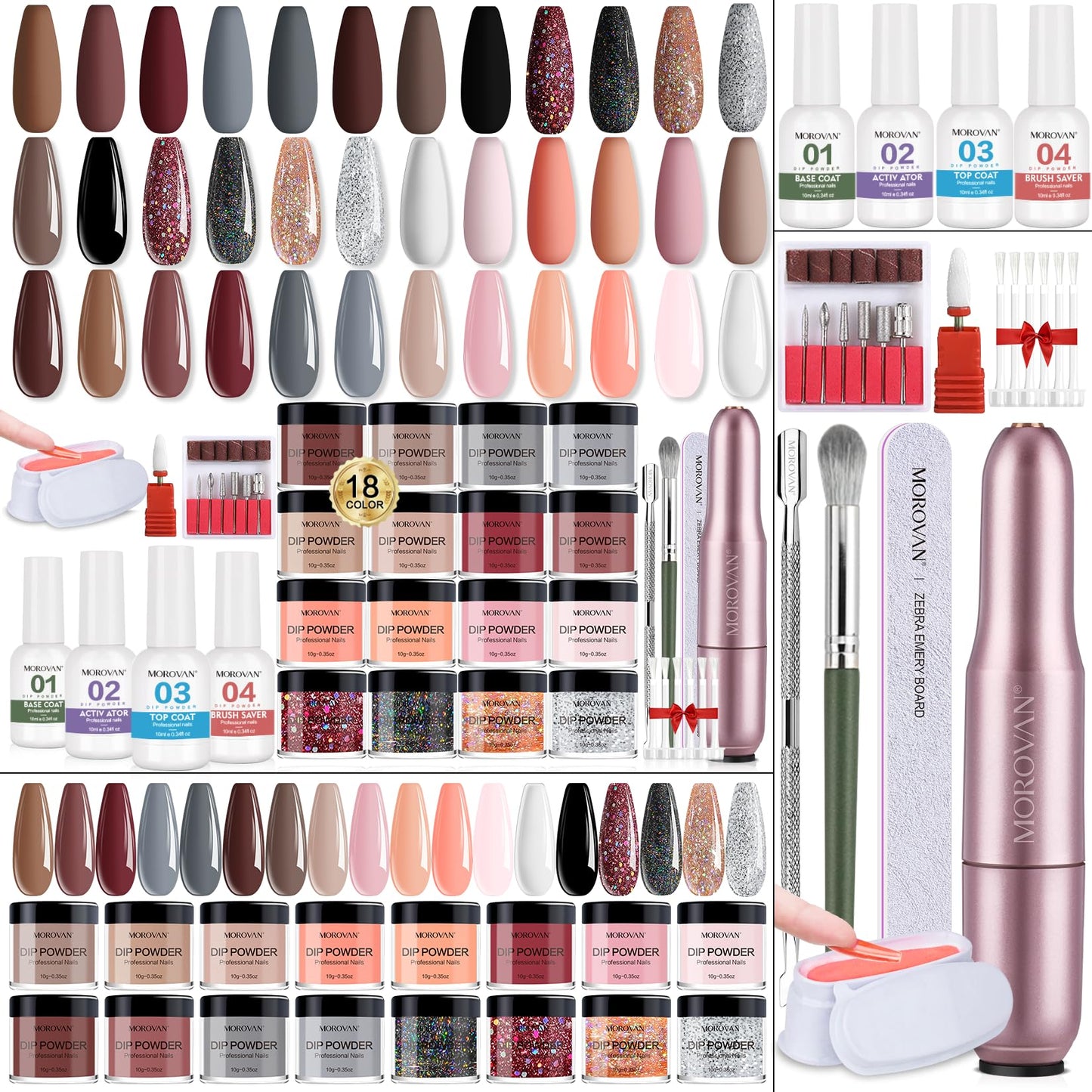 Morovan Dip Powder Nail Kit: Starter Kit 54pcs Nails Dipping Powder Set 18 Colors with Electric Nail Drill