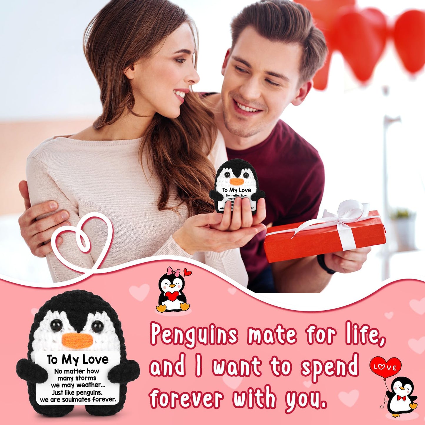 Valentines Day Gifts for Him Her, To My Love Handmade Crochet Mini Penguin Anniversary Birthday Gift for Boyfriend Girlfriend Wife Husband, Romantic I Love You Valentines Gifts for Women Men Couple