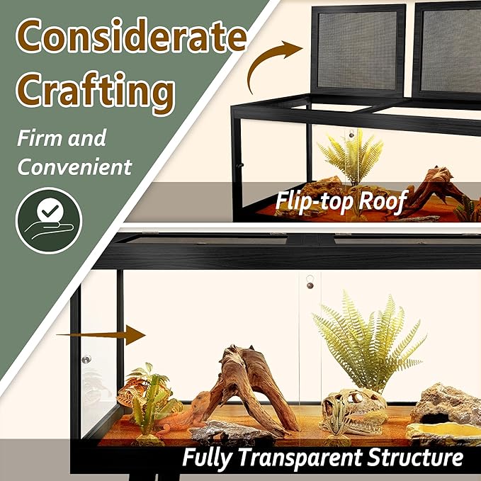 Prolee Tempered Glass Reptile Enclosure with Leg,32“ Scratch-Proof Bearded Dragon Tank,32 Gallon Lizard Tank with Metal Mesh Tops and Lockable Door,Spacious Reptile Habitat for Snake,Tortoises (Black)