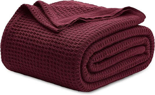 Bedsure 100% Cotton Blanket Queen Size for Bed - Breathable and Soft, Waffle Weave Blanket for Summer Spring, Burgundy Red, 90x90 Inches