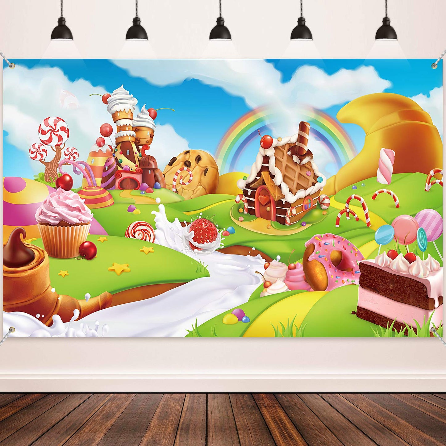Blulu Candy Backdrop Birthday Party Banner, Christmas Large Fabric Sweet Donut Backdrop for Candy Party Decoration, Sweet Cartoon Landscape Baby Shower Background Photo Props, 72.8 x 43.3 Inch