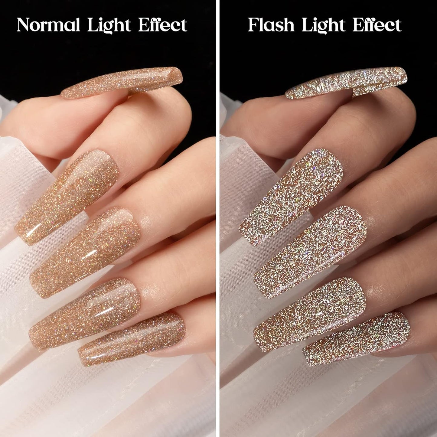 MIZHSE Reflective Gel Nail Polish, Glitter Gold Gel Polish, Sparkly Shiny Nail Effect Soak Off Nail Art Varnish for Beginners DIY at Home