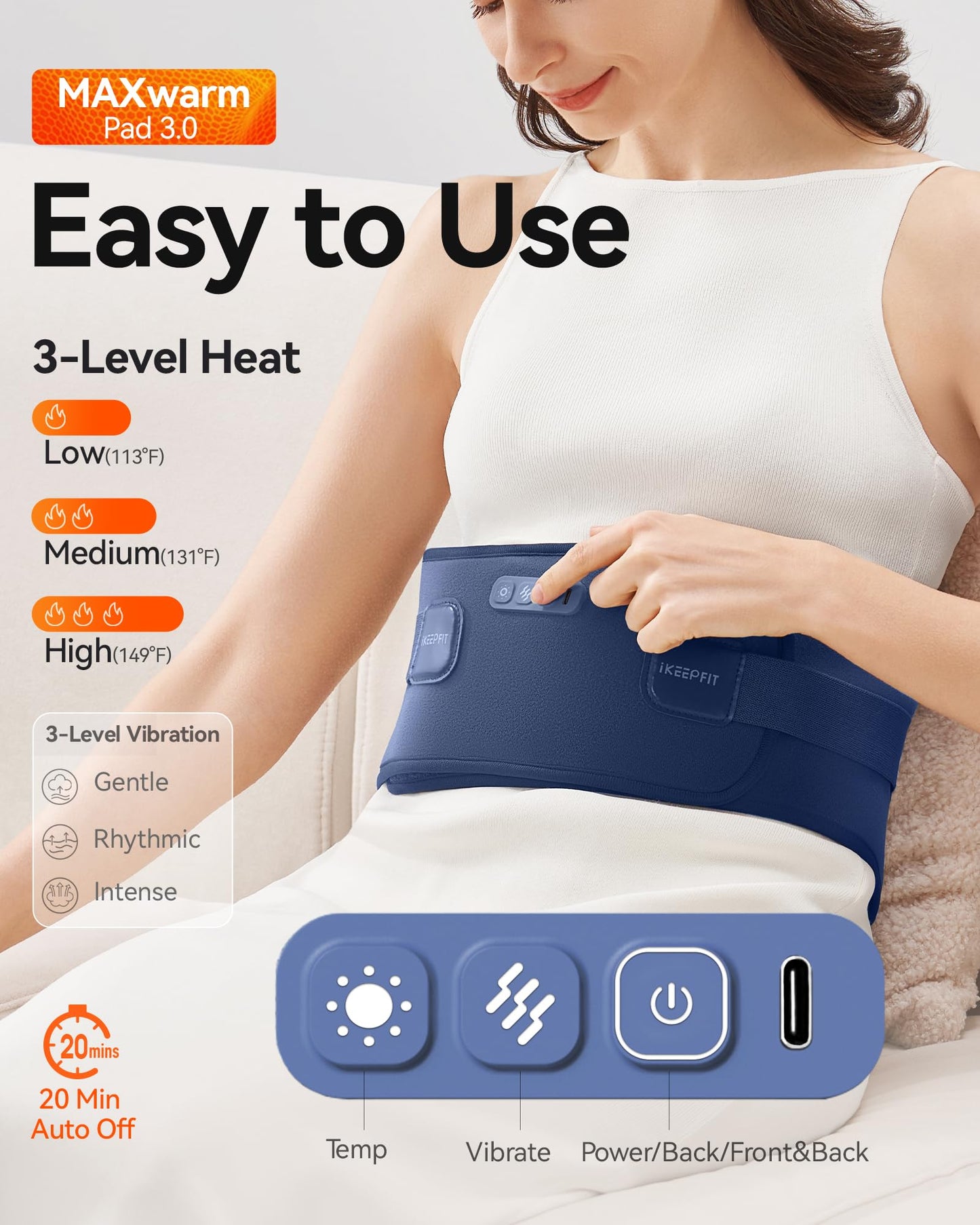 Portable Heating Pad with Massager for Back Pain Relief: MAXwarm® 3.0, IKEEPFIT® Electric Cordless Heat Pad for Period Cramps, Extra Large 65", 8000mAh Battery, Gift for Women Men(Beige)